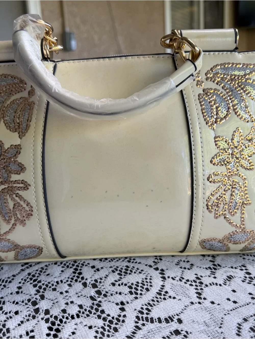 Cream Sequin Floral Satchel with Gold-Tone Accents
